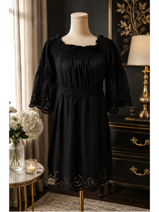 VENUS Dresses & Skirts - Venus Black Off Shoulder Eyelet Embroidered Midi Dress Boho Peasant US 10